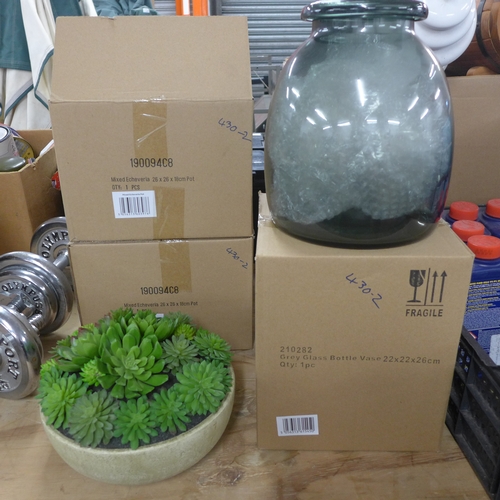 2359 - Two glass plant pots - boxed and unused and two artificial plant ornaments