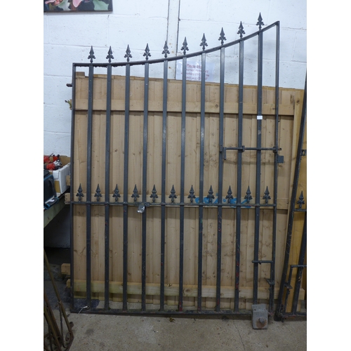 2432 - Wrought iron gates (approx. 7ft high x approx. 3m opening) with brackets for electric gate component... 