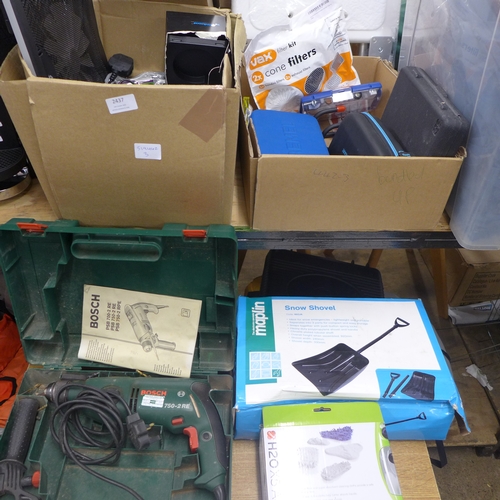 2437 - A box of electrical items:- Amazon Echo Dot, binoculars, laptop fan, laptop stand, Dremel drill and ... 