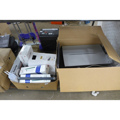 2458 - Three boxes of office supplies - laminator, pouches, ring binder with rings and an Epson scanner