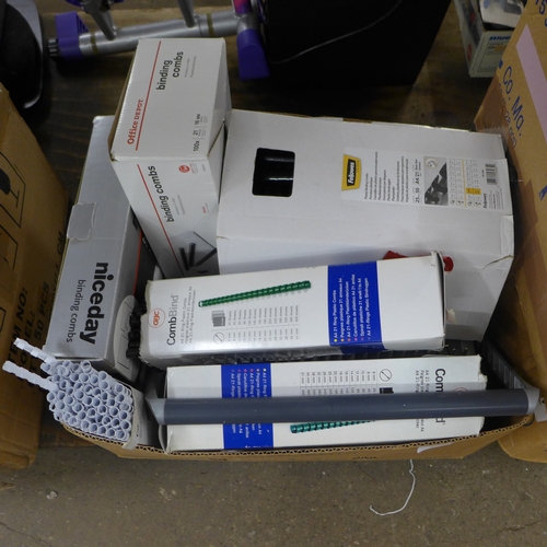 2458 - Three boxes of office supplies - laminator, pouches, ring binder with rings and an Epson scanner