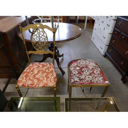 163 - An Italian brass opera chair and three brass occasional tables