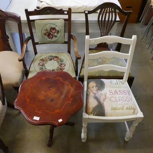 201 - Three assorted chairs and an Italian Sorrento ware occasional table