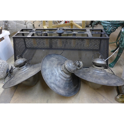 240 - A set of three industrial style metal ceiling lights and one other