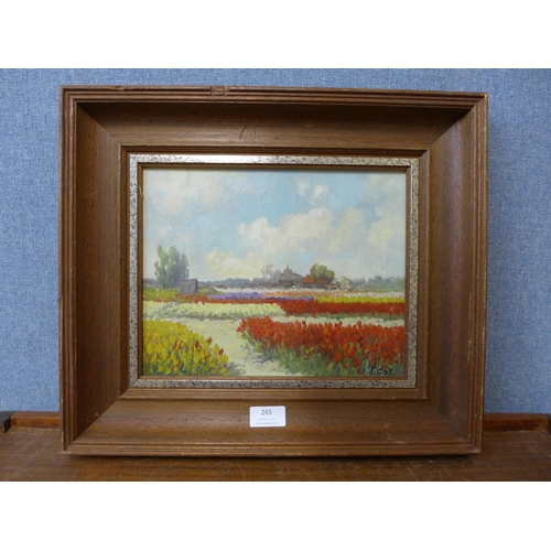 265 - T. Cox, rural landscape with tulip fields, oil on canvas, framed