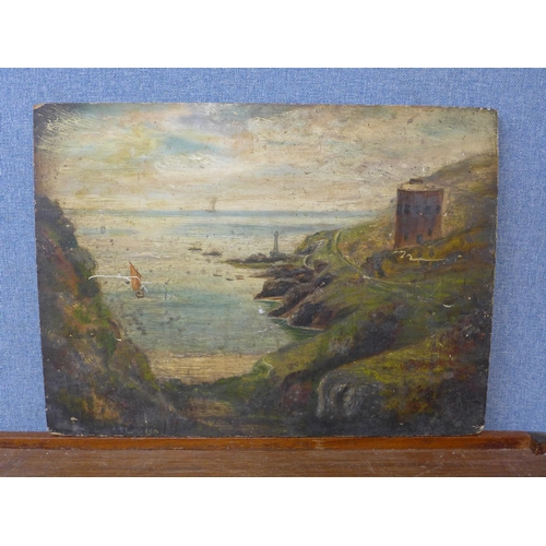 266 - An early 19th Century naive view of Guernsey, oil on board, unframed