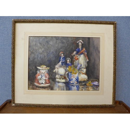 267 - English School (early 20th Century), still life of Staffordshire figures on a table, watercolour, in... 