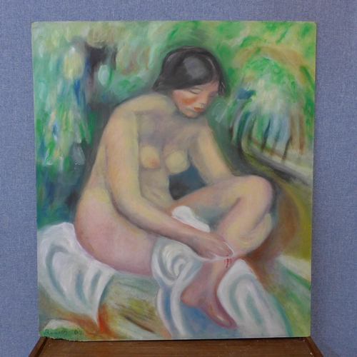 271 - Manner of Auguste Renoir, portrait of a female nude, oil on board, bearing signature, unframed