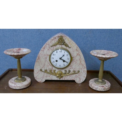 280 - A French Art Deco marble and parcel gilt mantel clock garniture