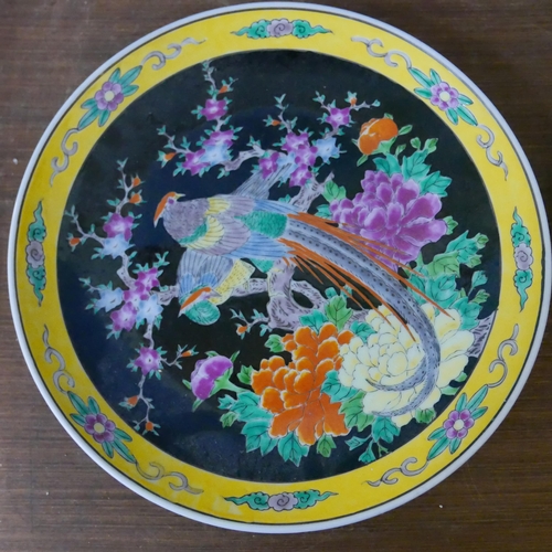 292 - A Japanese famille noir porcelain charger and an Imari pattern dish