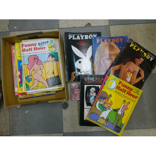 328 - Three Playboy magazines, 2 x 1968 and one 1974, Funny Half House publications, other adult humour pu... 