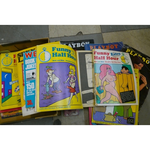 328 - Three Playboy magazines, 2 x 1968 and one 1974, Funny Half House publications, other adult humour pu... 