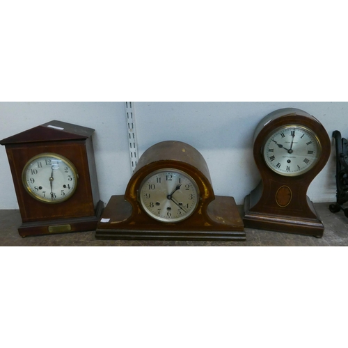 336 - Two Edward VII inlaid walnut mantel clocks and an oak mantel clock