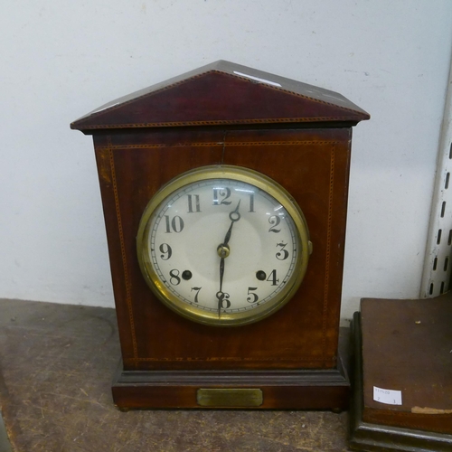 336 - Two Edward VII inlaid walnut mantel clocks and an oak mantel clock