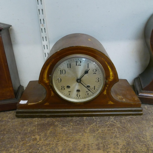 336 - Two Edward VII inlaid walnut mantel clocks and an oak mantel clock