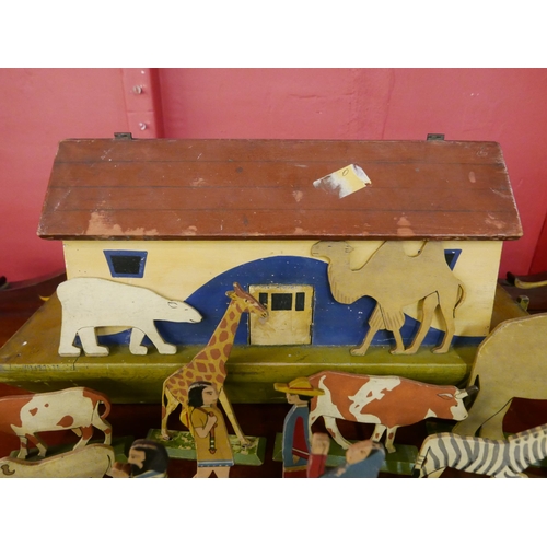 344 - A vintage toy wooden Noah's Ark, with some wooden animals