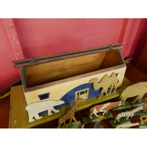 344 - A vintage toy wooden Noah's Ark, with some wooden animals