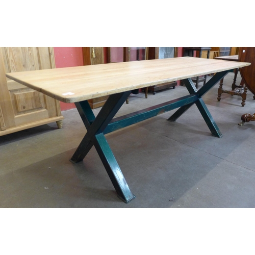 76 - A large French style ash and green metal x-frame refectory table, 76cms h, 213cms l, 81cms w