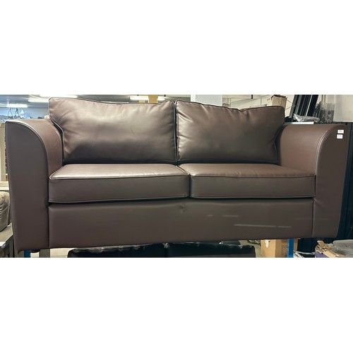 1602 - A pair of chocolate leather effect 3+2 seater sofas (damaged)