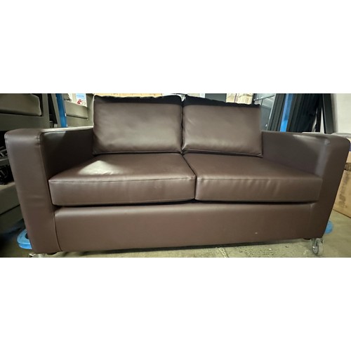 1602 - A pair of chocolate leather effect 3+2 seater sofas (damaged)