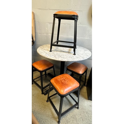 1636 - A grey marble circular pub table and four industrial style stools