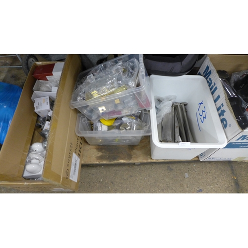 2464 - Three boxes of security and ironmongery including locks and lock fiscals and door handles and 33 sta... 