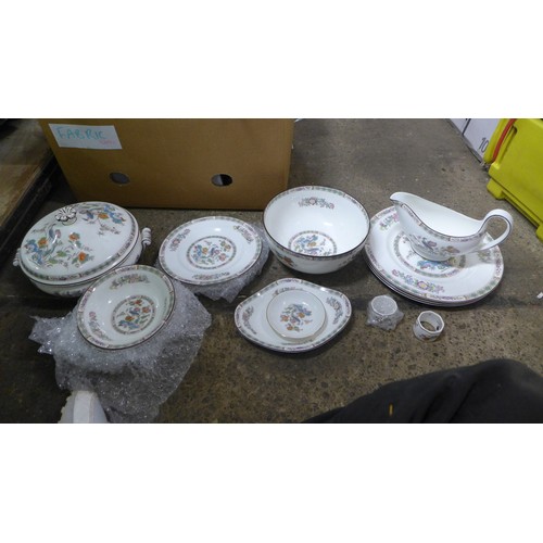 2414 - Approximately 25 vinyls, Wedgwood part dinner set, decorative plates, glassware, football programme ... 