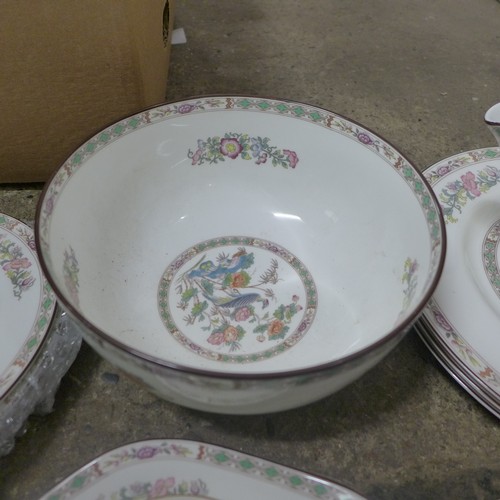 2414 - Approximately 25 vinyls, Wedgwood part dinner set, decorative plates, glassware, football programme ... 