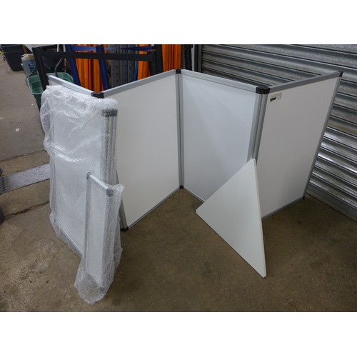 2429 - An exhibition display board, two leaflet/booklet collapsible stands and a display carrier on wheels