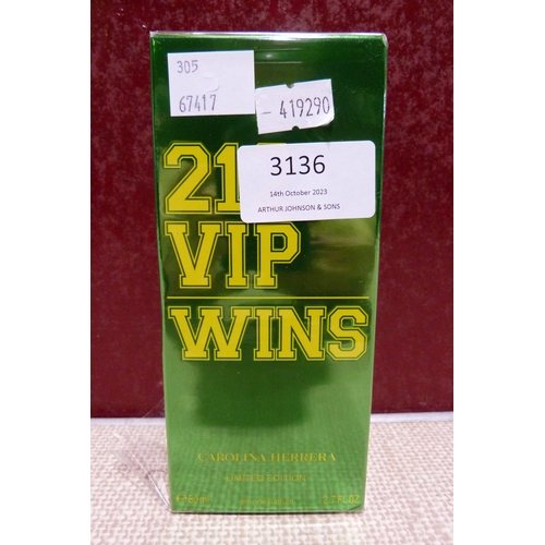 3136 - Carolina Herrera 212 VIP Wins 80Ml Eau de Parfum   (305-143)    * This lot is subject to vat