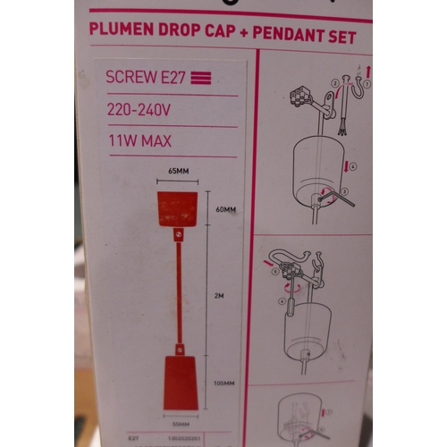 3157 - Eight Red Screw-In Plumen Drop Caps & Pendant Sets (27) plus quantity of misc. ceiling lights/shades... 