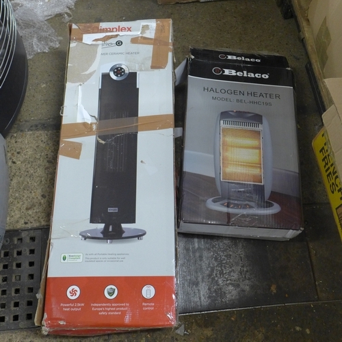 2377 - A Belaco halogen heater - model:- BEL-HHC195 and an electric Dimplex tower ceramic heater