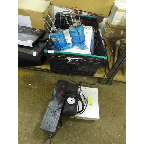 2412 - A box of electronics: APC surge protector, DC power supply, camping stoves, etc.