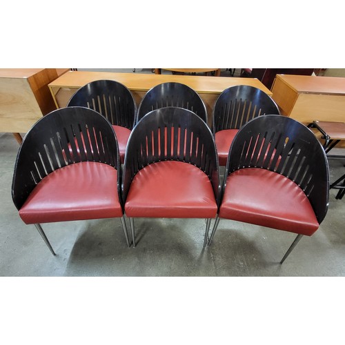 57 - A set of six Phillipe Starck style bent plywood, chrome and red vinyl chairs