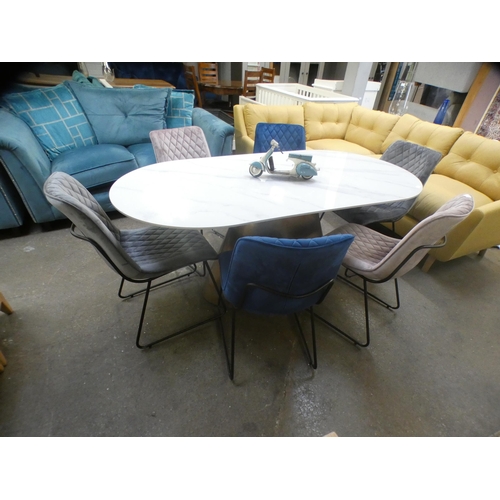 1460 - An Orbit marble dining table with gold base and a Harlequin set of six dining chairs * This lot is s... 