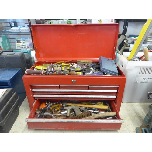 2032 - A red metal toolbox with sliding drawers including a quantity of mixed tools including sockets, scre... 