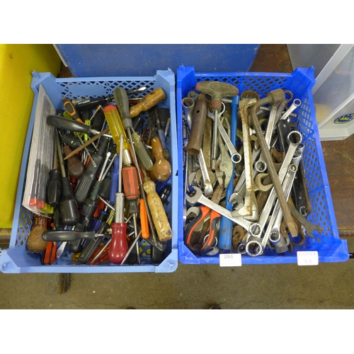 2053 - Two trays of mixed hand tools including spanners, screwdrivers, etc.