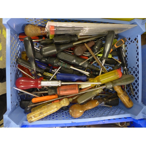 2053 - Two trays of mixed hand tools including spanners, screwdrivers, etc.