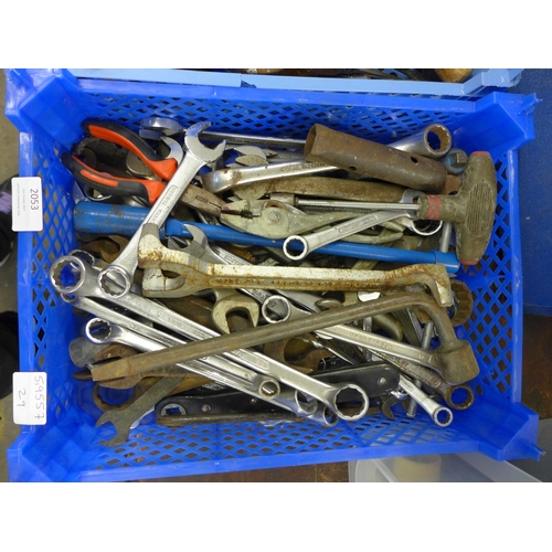 2053 - Two trays of mixed hand tools including spanners, screwdrivers, etc.