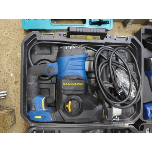 2059 - A Wolf Power 240v power drill, a Makita cordless 6093D reversible driver drill with battery charger,... 