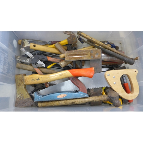 2064 - A box containing a large quantity of tools including a 50-piece multi tool set, hammers, a tile cutt... 