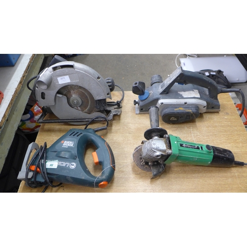 2071 - Four assorted power tools:-Hitachi PD100C 110v angle grinder, Black and Decker Scorpian KS890E, Dewa... 