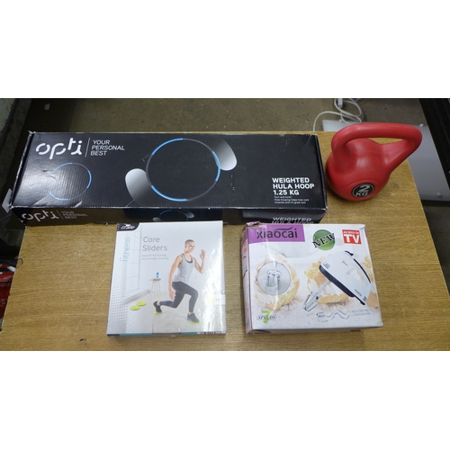 2117 - A weighted hoola-hoop, core sliders, a 2kg weight and a hand mixer