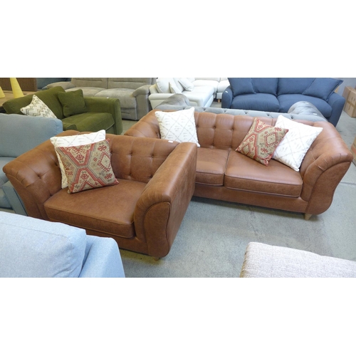 1535 - A tan vegan leather three seater sofa and a two seater buttoned sofa with contrasting scatter cushio... 