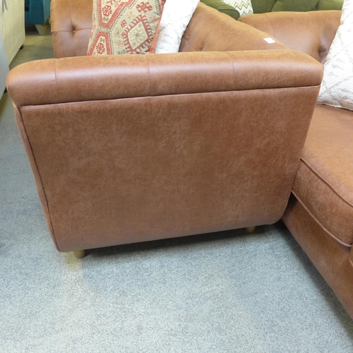 1535 - A tan vegan leather three seater sofa and a two seater buttoned sofa with contrasting scatter cushio... 