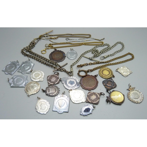 1007 - A collection of Albert pocket watch chains and fob medals