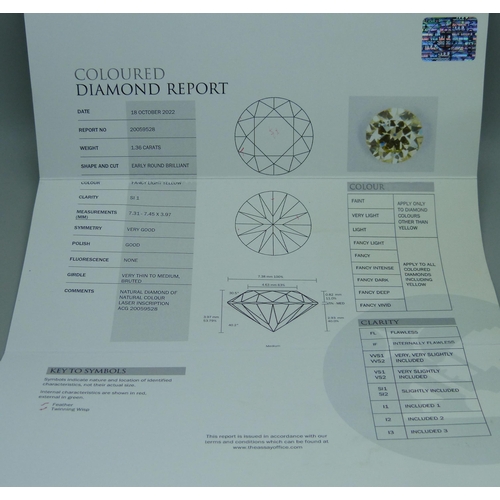 1021 - An unmounted diamond with AnchorCert Gem Lab diamond report, 1.36 carat weight, round brilliant fanc... 