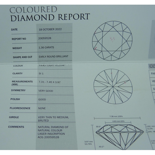 1021 - An unmounted diamond with AnchorCert Gem Lab diamond report, 1.36 carat weight, round brilliant fanc... 