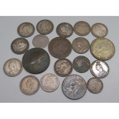 1031 - Thirteen Victorian silver coins, 74g, a William III silver coin and a George III silver coin, a 1921... 