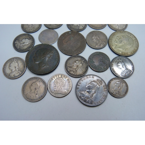 1031 - Thirteen Victorian silver coins, 74g, a William III silver coin and a George III silver coin, a 1921... 